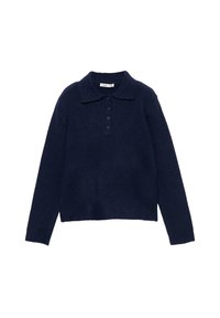 Marineblaue Pullover mit Kragen, mit einer Knopfleiste aus fünf Knöpfen, langen Ärmeln und geripptem Saum. Hergestellt aus weichem Stoff mit glatter Textur.