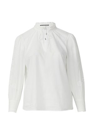 Biała bluzka z wysokim dekoltem i detalem ze sznurkiem. Posiada długie rękawy z haftowanymi wzorami kwiatowymi oraz marszczonymi mankietami.