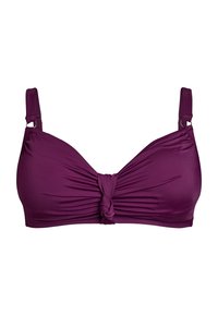 Lila bikiniöverdel med en knuten detalj i centrum, tillverkad av mjukt tyg. Har justerbara remmar och en sömlös design för komfort.