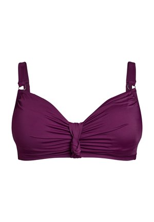 Paarse bikinitop met een geknoopt detail in het midden, gemaakt van gladde stof. Heeft verstelbare bandjes en een naadloos ontwerp voor extra comfort.