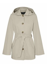 Imperméable beige avec capuche, fermeture par boutons, ceinture à nouer à la taille, deux poches latérales et texture lisse. Idéal pour les temps humides.