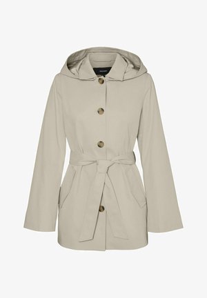 Béžový deštník s kapucí, zapínání na knoflíky, pás na mašličku v pase, dvě boční kapsy a hladký povrch. Ideální do deštivého počasí.