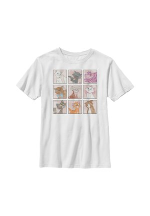 Hvid t-shirt med ni firkanter, der viser illustrerede katteansigter i forskellige farver og udtryk arrangeret i et 3 x 3 gitter.