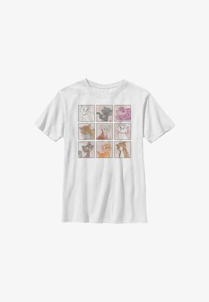 Hvid t-shirt med ni firkanter, der viser illustrerede katteansigter i forskellige farver og udtryk arrangeret i et 3 x 3 gitter.