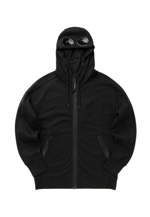 Felpa nera con cappuccio, apertura con zip, due tasche laterali inclinate e occhiali rimovibili. Tessuto morbido, design oversize e lacci regolabili.