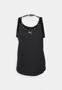 Schwarzes Tanktop aus dehnbarem Material mit rundem Ausschnitt, breitenTrägern und einem kontrastierendenLogo auf der Vorderseite. Mit Markenverzierungen akzentuiert.