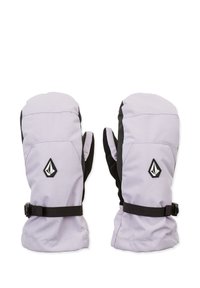 Moufles lavande avec des accents noirs, fabriquées en tissu doux, avec une fermeture à sangle et un patch logo sur le côté extérieur.