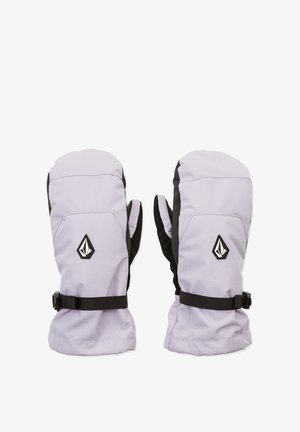 Moufles lavande avec des accents noirs, fabriquées en tissu doux, avec une fermeture à sangle et un patch logo sur le côté extérieur.