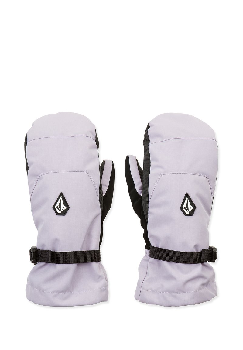Moufles lavande avec des accents noirs, fabriquées en tissu doux, avec une fermeture à sangle et un patch logo sur le côté extérieur.