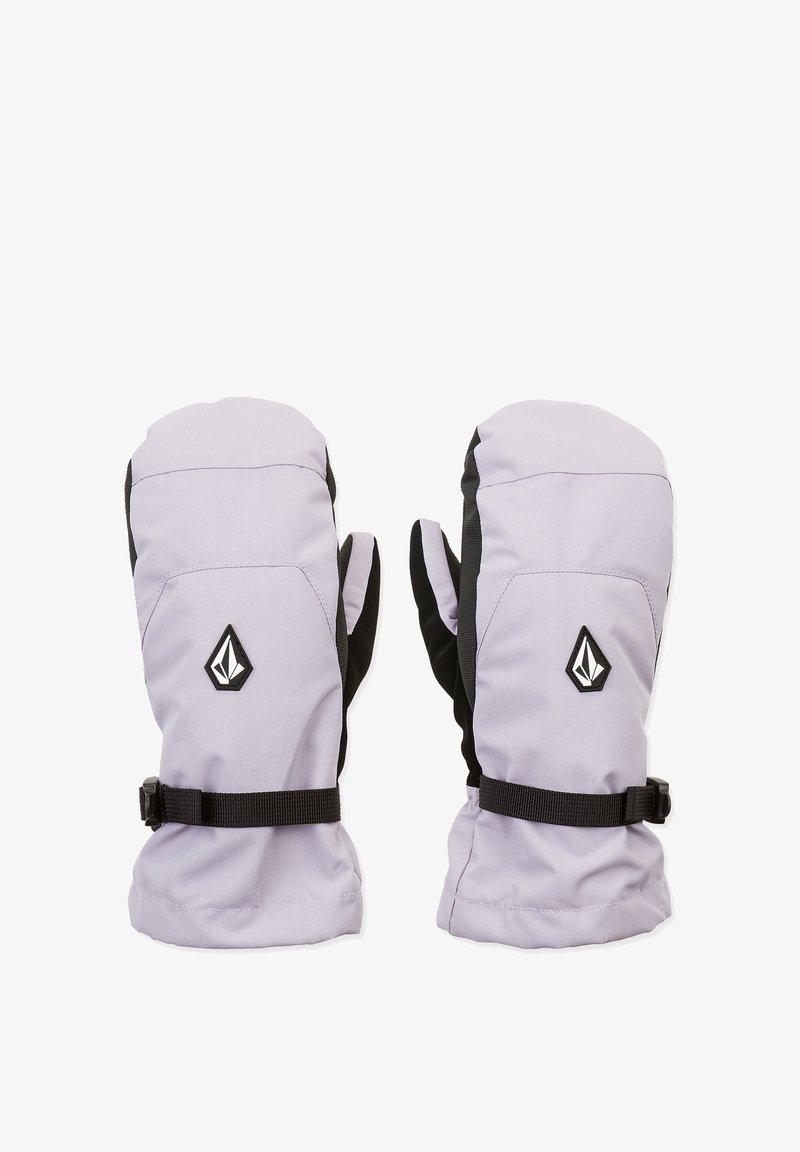 Moufles lavande avec des accents noirs, fabriquées en tissu doux, avec une fermeture à sangle et un patch logo sur le côté extérieur.