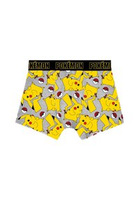 Boxer-briefs gris décorés de multiples Pikachu jaunes et de Poké Balls rouge et blanc, avec une taille noire comportant un texte Pokémon jaune.
