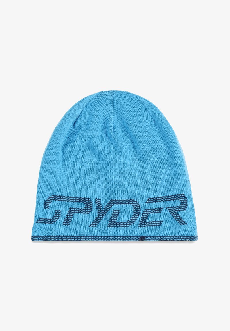 Blauer gestrickter Beanie mit dem Wort "SPYDER" in schwarzen Buchstaben am unteren Rand auf weißem Hintergrund.
