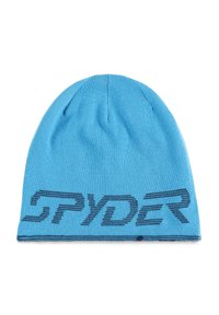 Berretto di maglia azzurro chiaro realizzato in tessuto morbido, con un evidente logo nero "SPYDER" sulla parte anteriore e un design aderente e sagomato.