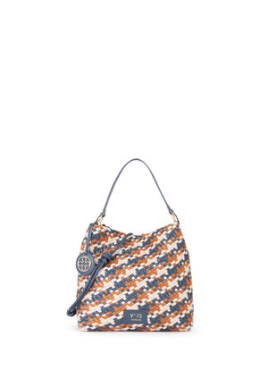 Borsa intrecciata con strisce diagonali blu, bianche e marroni, manico singolo, tracolla removibile e etichetta "V° 73 Venezia".