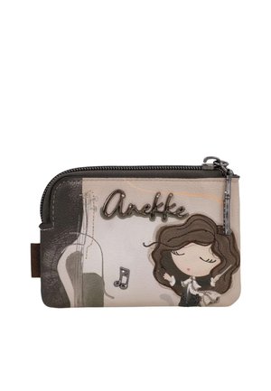 Piccola pochette beige e marrone con cerniera, con donna in stile cartone animato, note musicali, sagoma di chitarra e testo "Anekke" sul davanti.