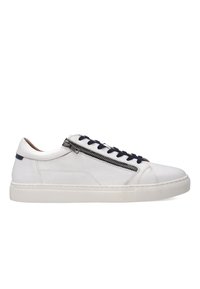 Hvide lædersneakers med navy snørebånd, sidelukning, struktureret overflade og gummisål. Minimalistisk design med subtile detaljer.