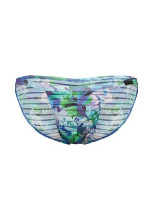Durchsichtige Herren-Slips mit blauem, grünem und lila Blumenmuster und horizontalen weißen Streifen, mit der Aufschrift "olaf benz".