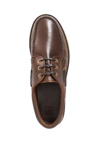 Brown leather shoe with a rounded toe, lace-up design, gold eyelets, and contrasting stitching. Smooth texture with a classic silhouette.