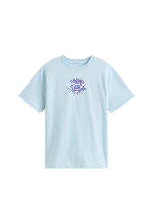 Jasnoniebieska bawełniana koszulka z okrągłym dekoltem, z purpurowym i różowym wzorem graficznym z napisem "VANS" pośrodku. Krótkie rękawy.