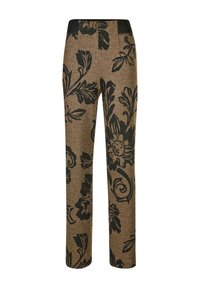 Braune Hose mit großen schwarzen Blumen- und Blättermotiven, gerader Beinabschluß und Hochbunddesign.