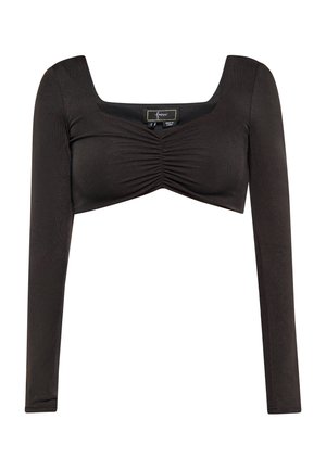 Zwarte langemouwen crop top met vierkante halslijn, met geplooid stofdetail aan de voorkant en een gladde textuur.