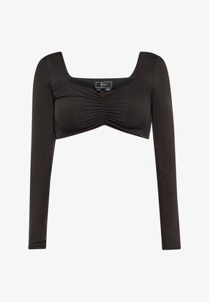 Čierny dlhý rukáv crop top s štvorcovým výstrihom, s predným zhromaždeným materiálom a hladkou textúrou.