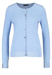 Ljusblå cardigan med rund halsringning och framsida knappar, med ribbade ärmslut och nederkant. Enkelt, klassiskt design som passar för lager-på-lager.