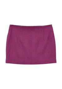 Gonna mini magenta realizzata in tessuto strutturato con motivo a spina di pesce, caratterizzata da due pieghe frontali e un orlo dritto.