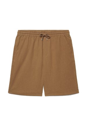 Pantaloncini casual marroni con elastico in vita e coulisse frontale, dotati di tasche laterali e vestibilità comoda.