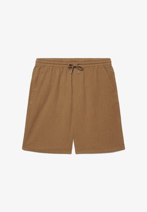 Pantaloncini casual marroni con elastico in vita e coulisse frontale, dotati di tasche laterali e vestibilità comoda.