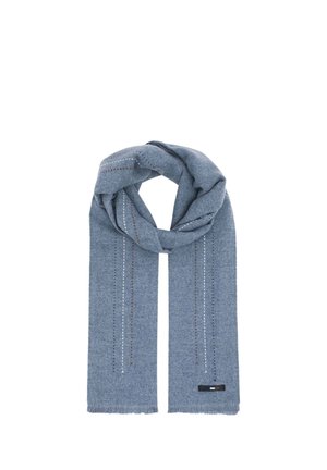Light blue woolen scarf with subtle vertical stitched lines in white, brown, and dark blue, displayed folded against a white background.