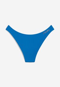 Sinnehattu sinisestä bikinin alaosasta, joka on valmistettu sileästä kankaasta. Ominaisuuksiin kuuluu korkea leikkaus ja "Roxy"-logo, joka on koristeena strasseilla vyötäröllä.