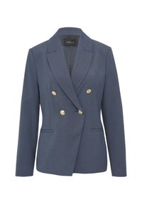 Blazer croisé bleu marine avec boutons dorés, revers à cran et deux poches avant. Coupe ajustée avec une texture lisse.