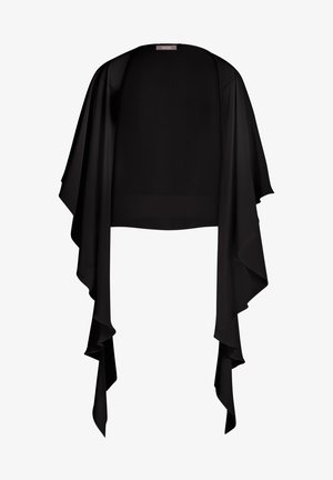 Black, flowing kimono-style wrap made of lightweight fabric, featuring draped sleeves and an open front design with a soft texture.