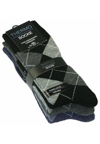 Tre paia di calze termiche in un mix di nero, grigio e blu navy con un motivo a diamante. Tessuto morbido, etichettato per taglia UK 6-8.5.