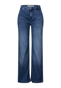 Pantalons en denim taille haute, coupe évasée, de couleur bleu foncé, avec cinq poches et un seul bouton de fermeture à l'avant. Présente un léger délavage et des détails de couture.