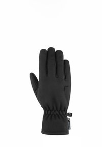 Schwarze Handschuhe mit einer glatten, matten Oberfläche. Zu den Merkmalen gehören ein körpernaher Schnitt, ein elastisches Bündchen und ein kleines Etikett in der Nähe des Handgelenks.