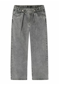 Grå denim byxor med vida ben och hög midja, två framfickor och dubbelknäppning. Mjuk textur med blekt finish.