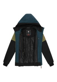 Hoodie-Jacke mit einem Farbschema in Schwarz, Teal und Oliv. Das Innere hat ein glattes schwarzes Futter mit einem dezenten Muster.
