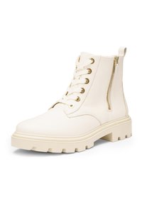 Off-white lace-up ankle boot with chunky sole and side zipper, metal eyelets, and pull tab at heel.