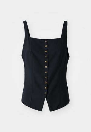 Black sleeveless top with a fitted design, featuring a straight neckline and decorative metallic buttons down the front.