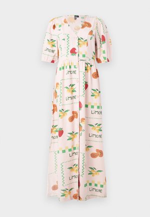Maxi-jurk van lichtgewicht stof in lichtroze, met fruitmotieven, knopen aan de voorkant en pofmouwen met een aansluitende taille.