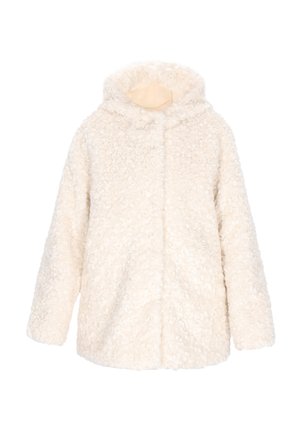 White, fluffy fleece jacket with a hood, featuring a soft texture and front snap closure. Loose-fitting with wide sleeves.