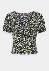 Black short-sleeve blouse featuring a small floral pattern in purple and green, a scoop neckline, and buttons along the front.