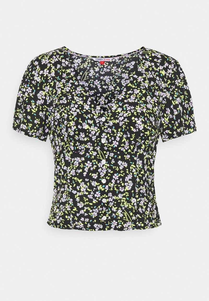 Black short-sleeve blouse featuring a small floral pattern in purple and green, a scoop neckline, and buttons along the front.