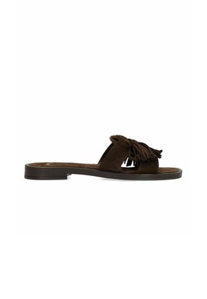 Brown flat slide sandal with an open toe, wide suede strap featuring tasseled fringe, and a low heel, shown on a white background.