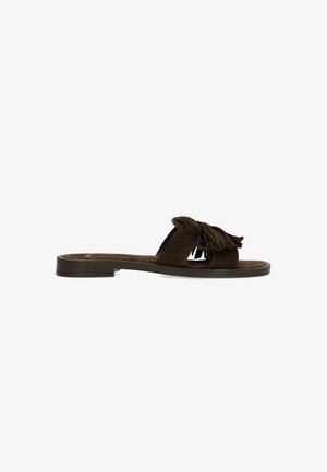 Manfield, MANFIELD DUNKELBRAUNE VELOURSLEDER-SANDALEN MIT FRANSEN - Mules - braun