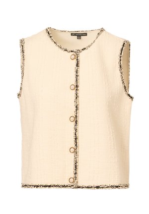 Krátký rukáv krémové vesty s texturovanou tkaninou, černými lemy a zlatými knoflíky vpředu, s klasickým kulatým výstřihem.