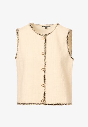 Krátký rukáv krémové vesty s texturovanou tkaninou, černými lemy a zlatými knoflíky vpředu, s klasickým kulatým výstřihem.