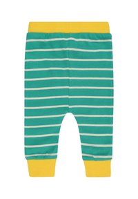 Turquoise gestreepte broek met witte horizontale strepen, gele elastische tailleband en boorden, gemaakt van zachte, rekbare stof.